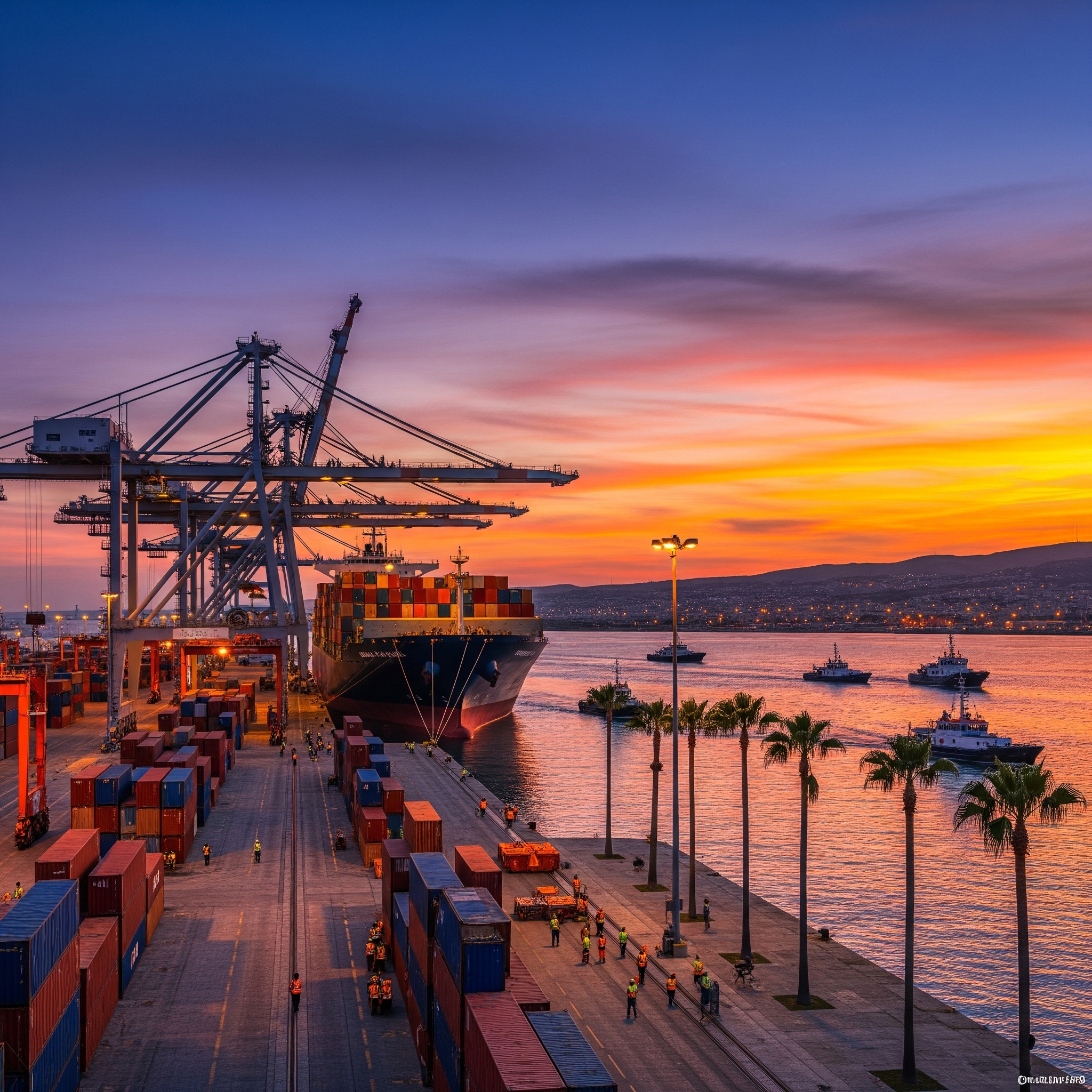 Larnaca Port in Cyprus, bathed in the warm, golden hues of a Mediterranean sunset. 